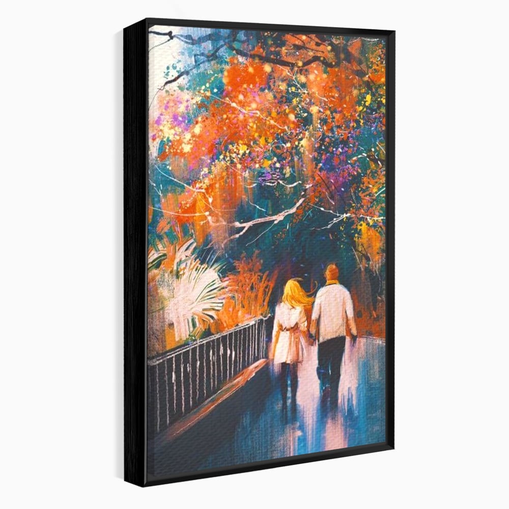 Tablou canvas cu tablou canvas cuplu in parc toamna, in rama de aluminiu negru